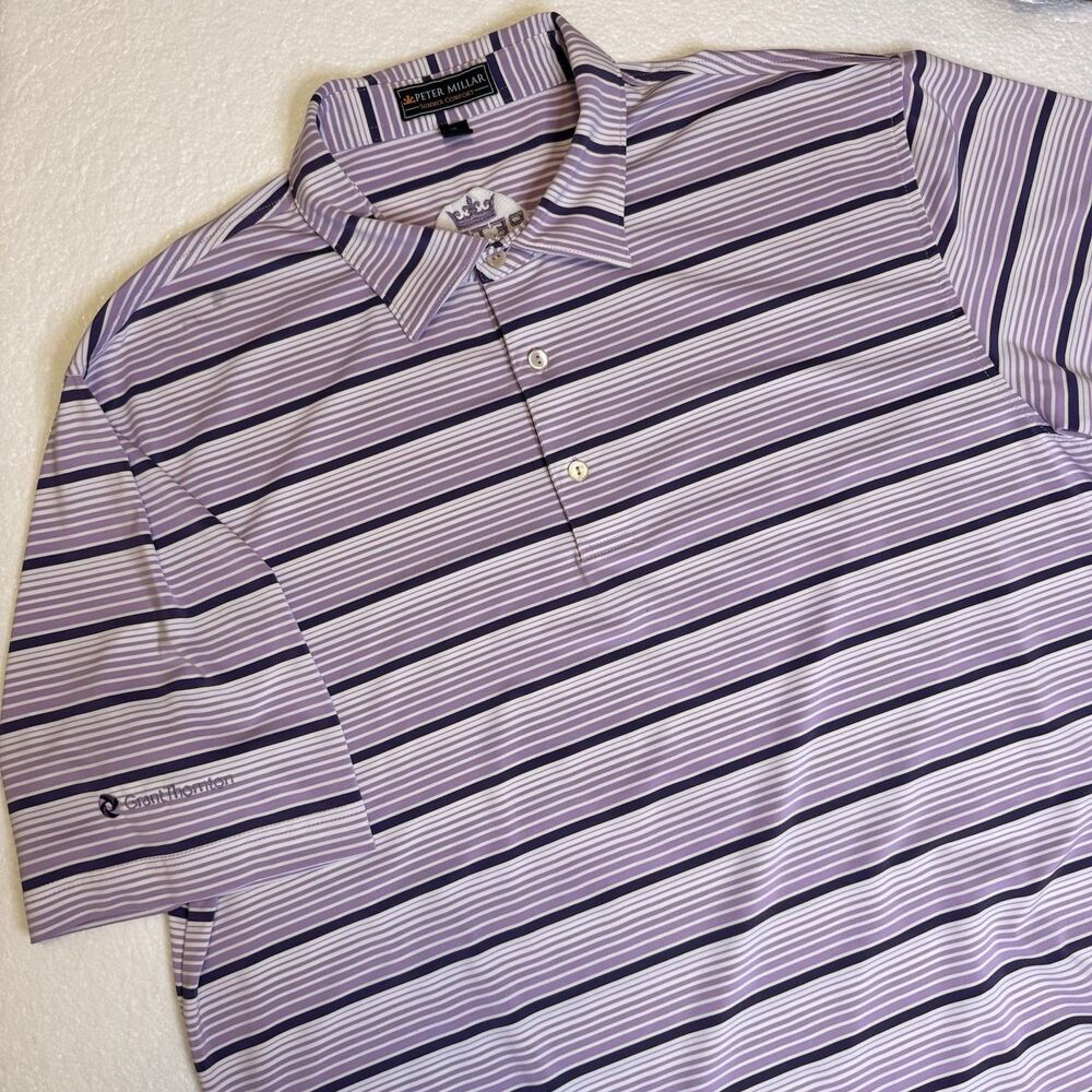Peter Millar XL Summer Comfort Golf Polo Purple & White Striped Grant Thornton